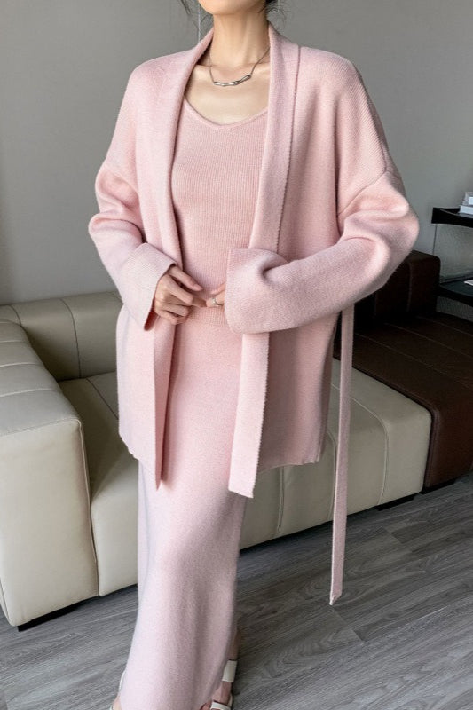 Ribbed High-End Knit Cardigan Tank Wide-Leg Pants Three Piece Set image 7