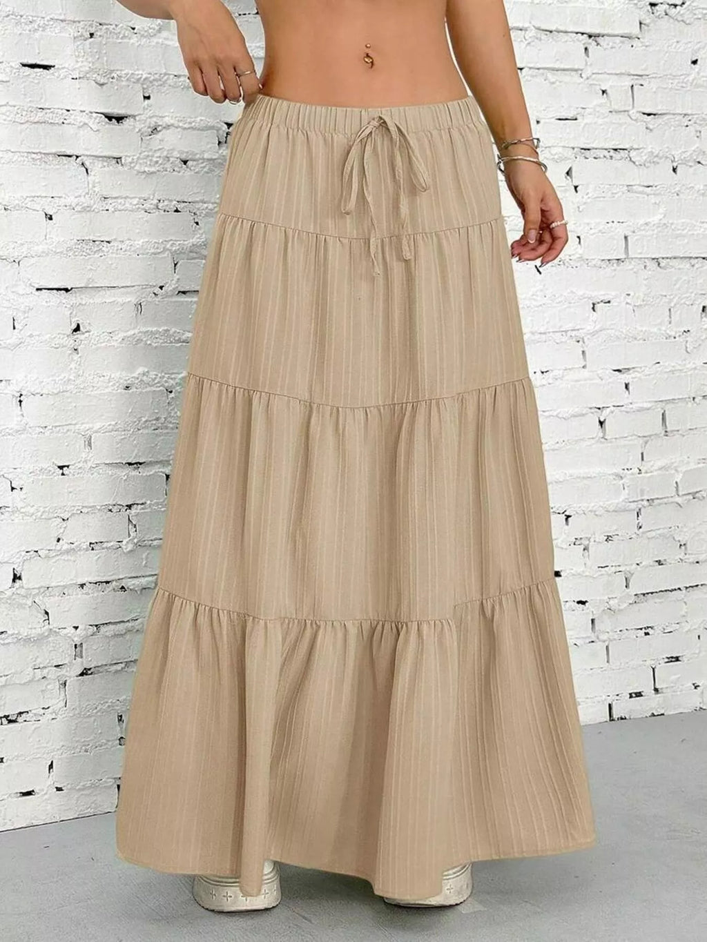 Capri Tiered Maxi Skirt detail view styled for Avrienne