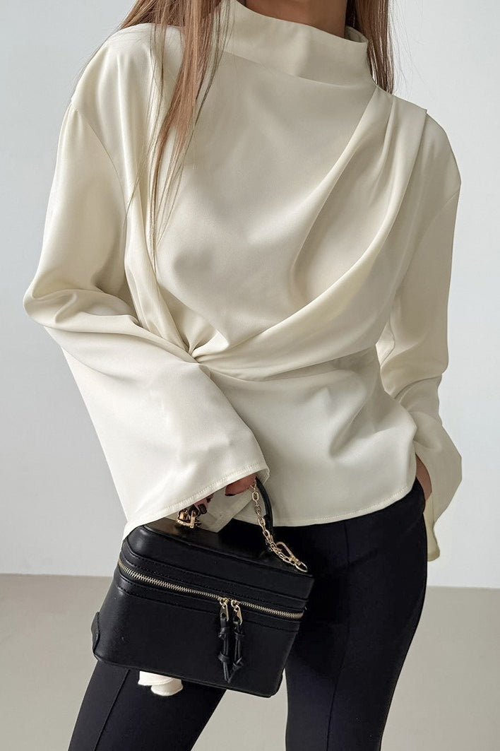 Chiffon Tie Waist Stand Collar Long Sleeve Tee image 5