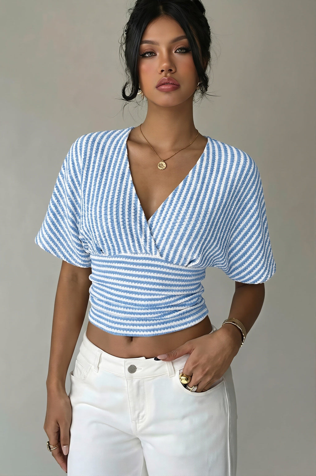 V Neck Striped Bat Sleeve T-shirt image 6