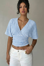 V Neck Striped Bat Sleeve T-shirt image 6
