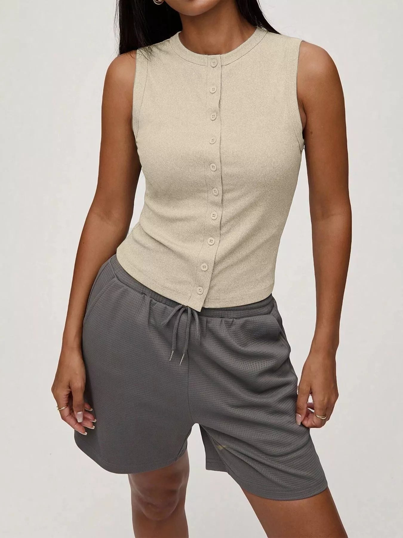 Elara Button Tank detail view styled for Avrienne