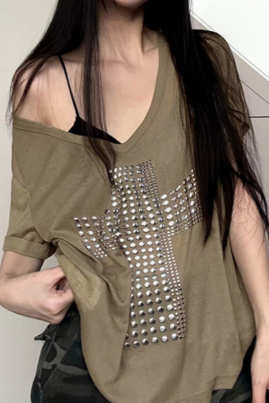 Street Cross Metallic Print Loose Casual T-shirt image 1