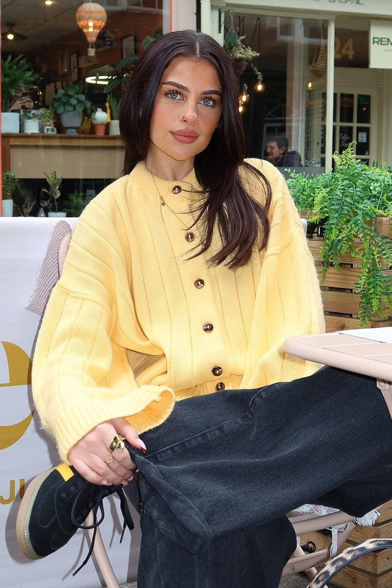 Yellow Ribbed Round Neck Knit Cardigan image 1