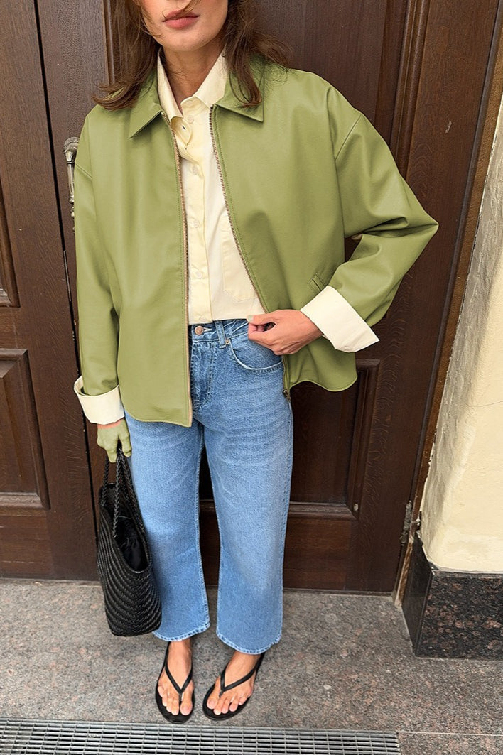 Loose Fit Green Leather Pilot Jacket image 1