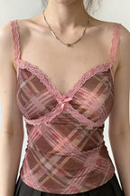 Elegant Pink Plaid Lace Cami Top image 3