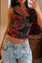 Sheer Lace Insert Floral Print Cami Top image 3