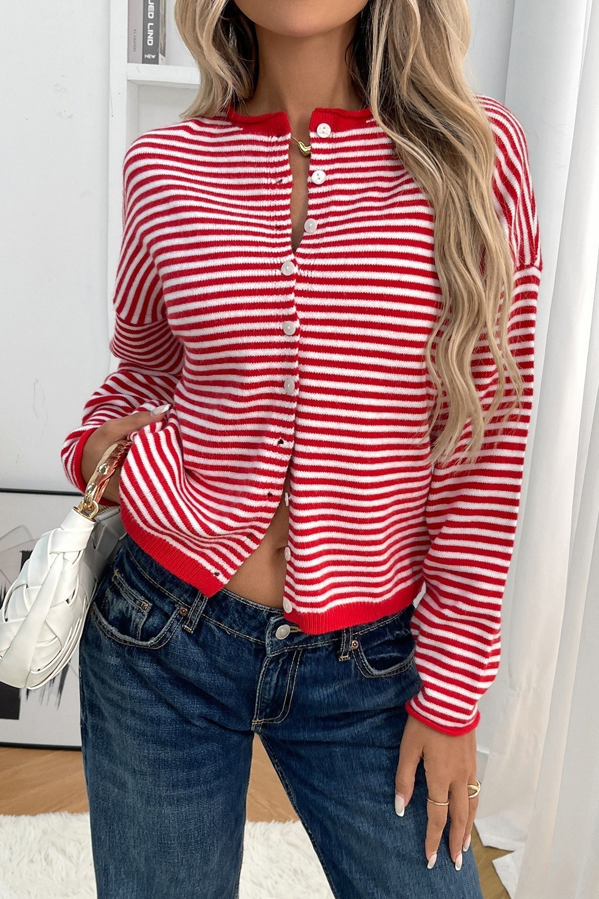 Striped Knit Round Neck Cardigan image 2