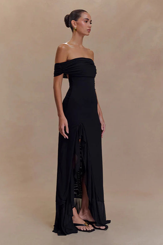 Off-Shoulder Ruffle Mesh Split Maxi Party Dress image 14