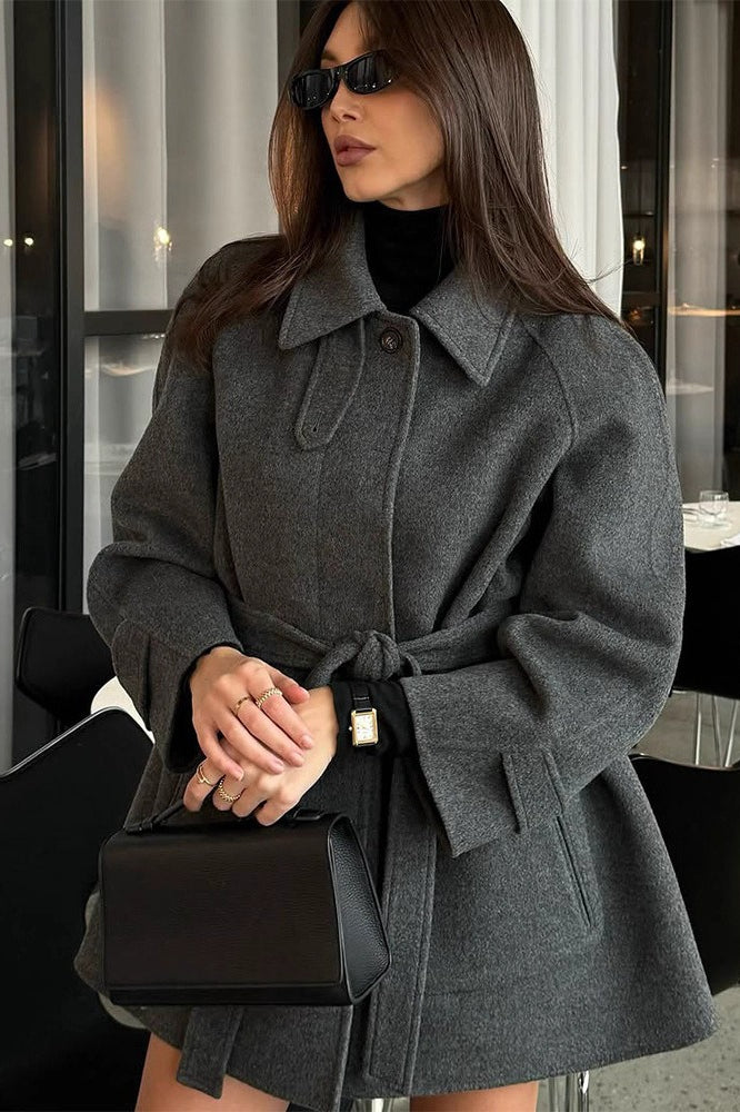 Solid Color Lapel Belted Wool Coat image 4