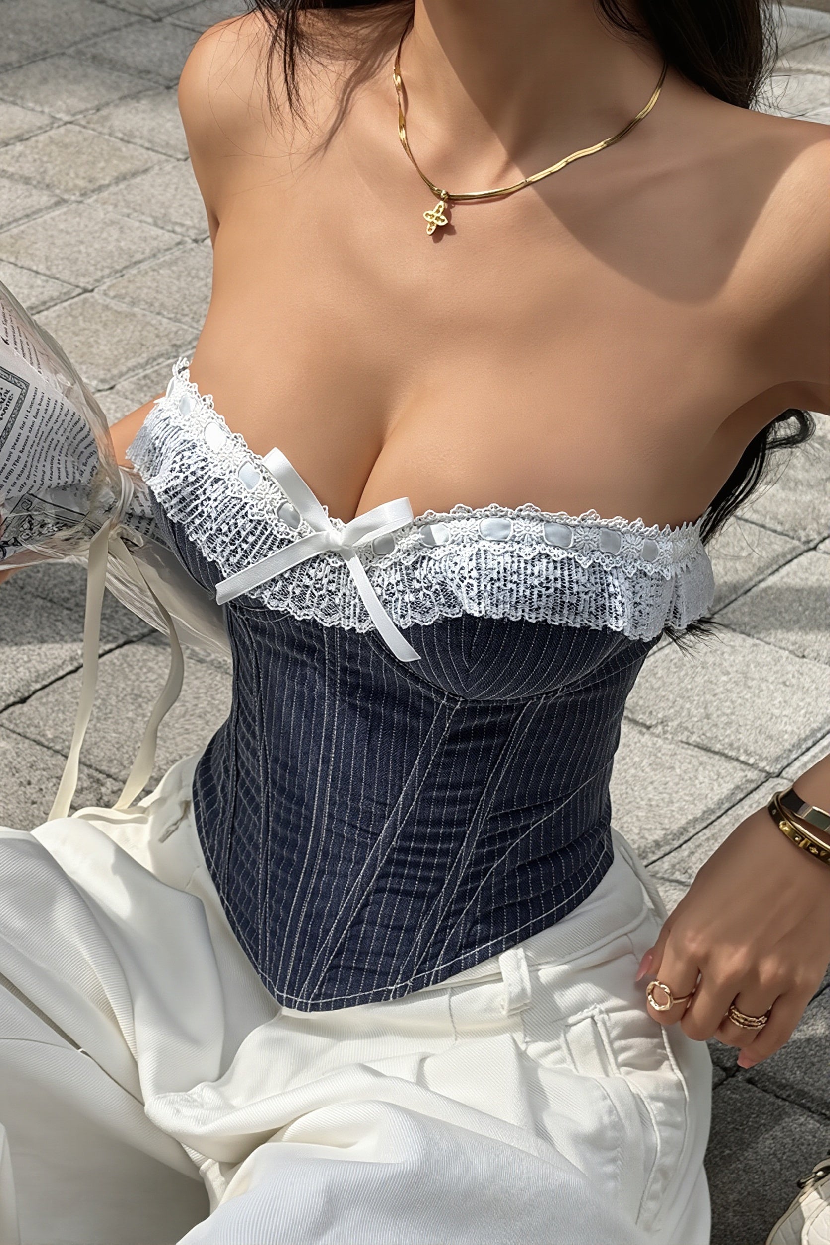 Striped Strapless Tie Up Corset Top Sexy Slim Blouse image 2