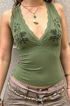 Vintage Floral Print Lace Halter Top image 1