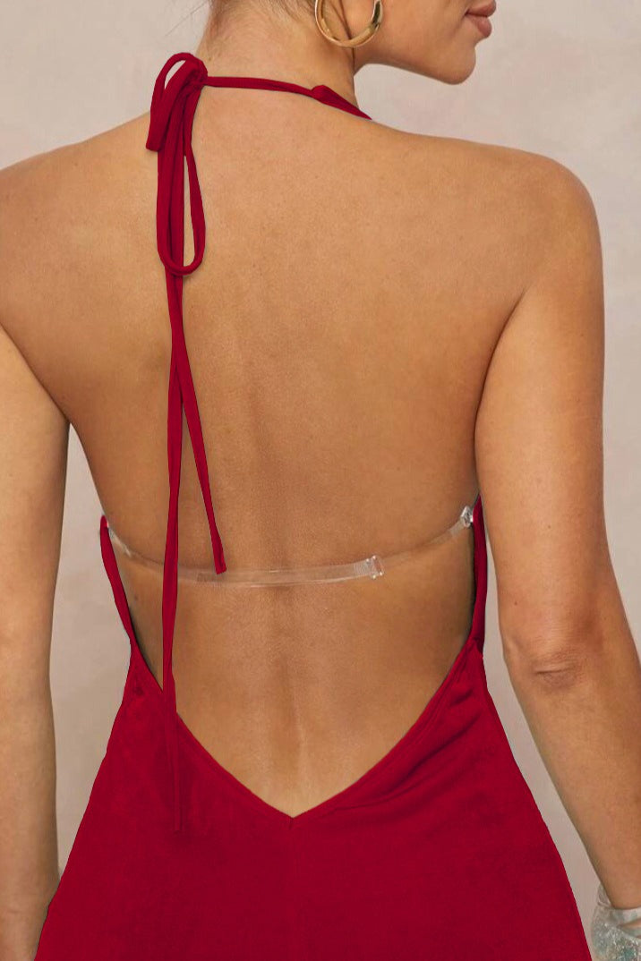 Deep V Halter Ruched Metal Trim Backless Maxi Dress image 20