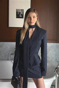 V Neck Striped Fitted Blazer Skirt Two Piece Set image 1