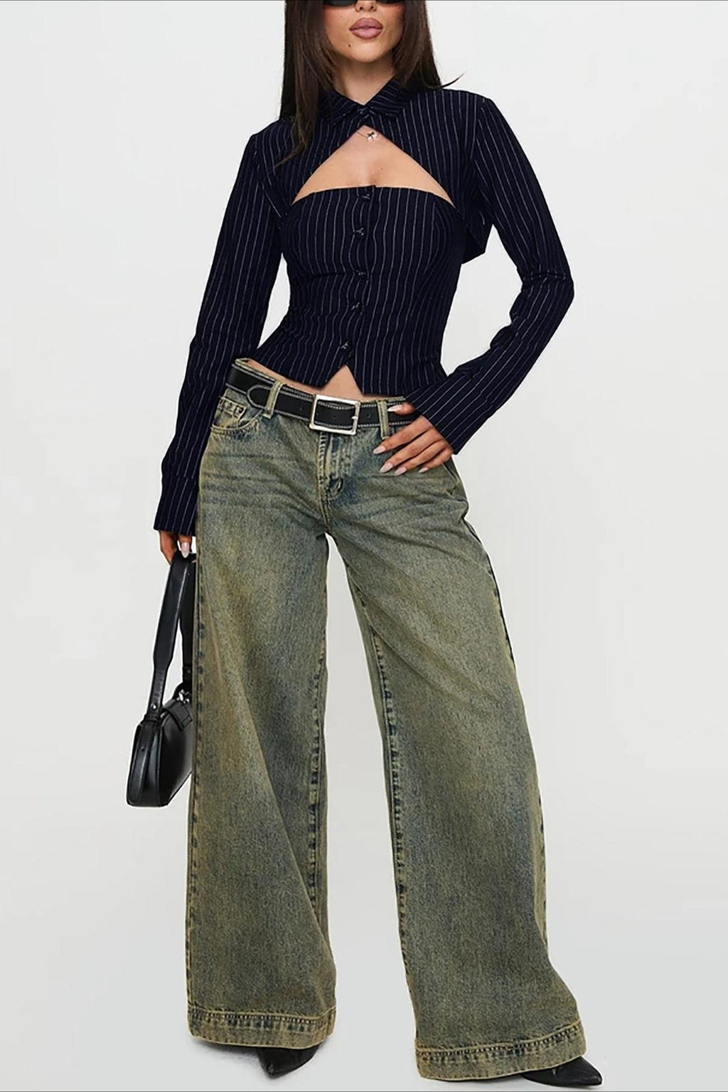 Striped Collared Buttoned Hollow Long Sleeve Blouse image 5