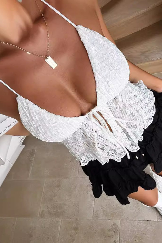 Sexy Tie Ruched Mesh Pleated Halter Top image 5