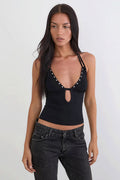 Rivet Backless Solid Cropped Halter Top image 1