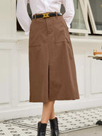 Celine Slit Midi Skirt detail view styled for Avrienne