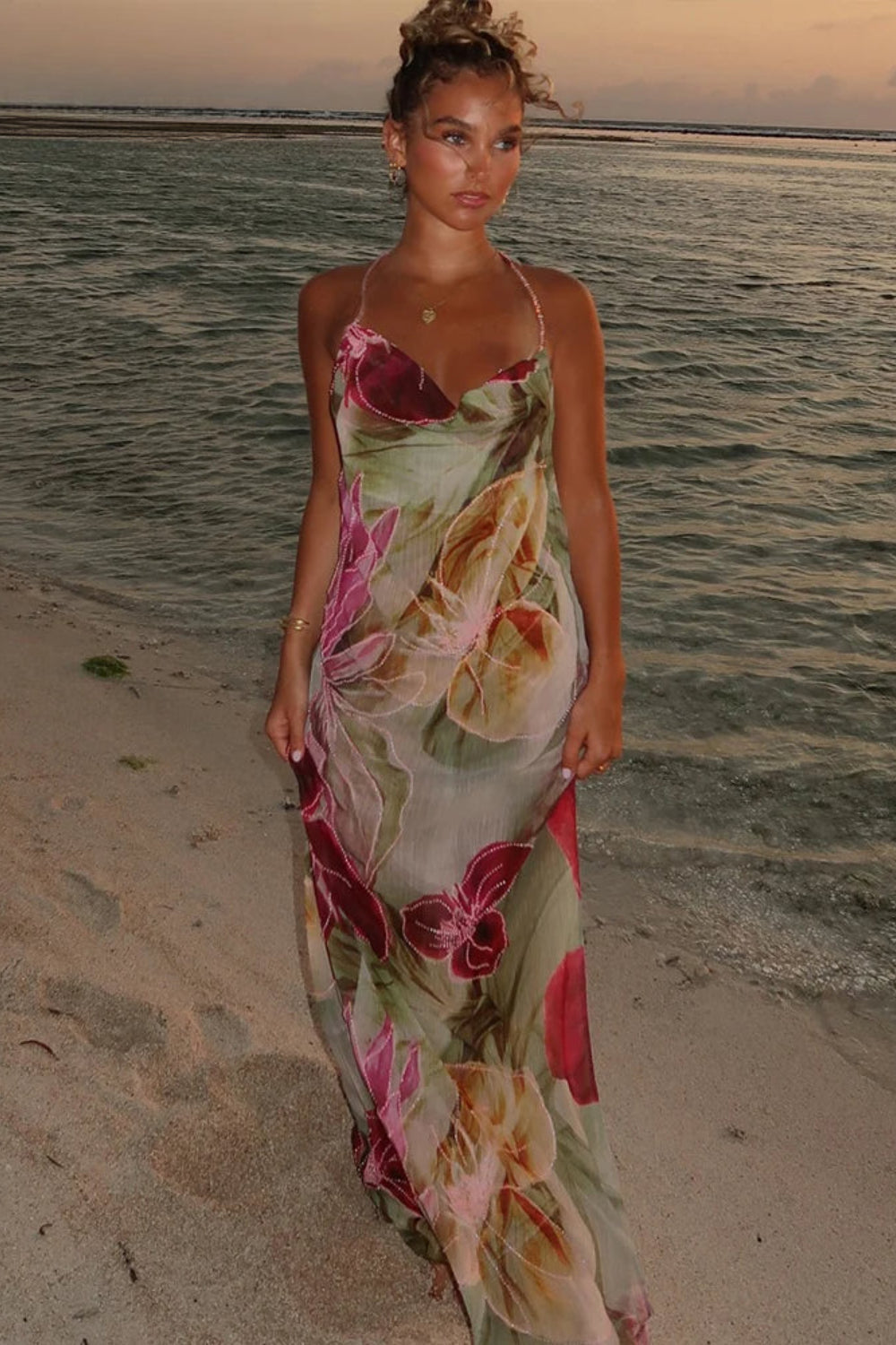 Polyester Printed Backless Cleavage Maxi Dress image 1