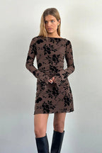 Velvet Floral Flocked Slim Fit Long Sleeve Mini Party Dress image 2