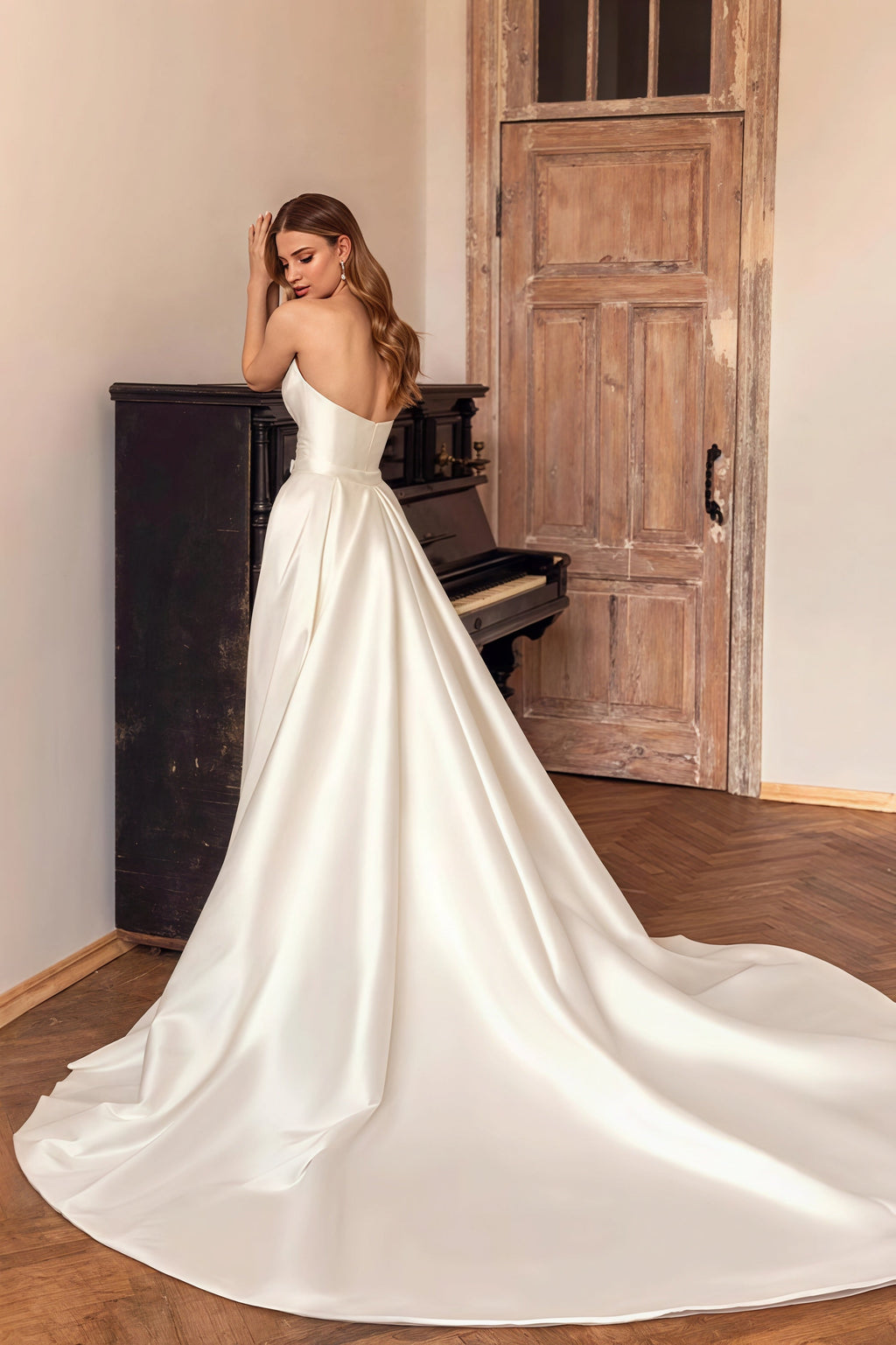 Satin Strapless Bodycon Detachable Train Wedding Dress image 4