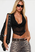 Lace Panel V Neck Sleeveless Sexy Slim Fit Halter Top image 1