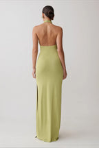 Sexy Ribbon Tie Halter Neck Backless Split Bodycon Party Maxi Dress image 6