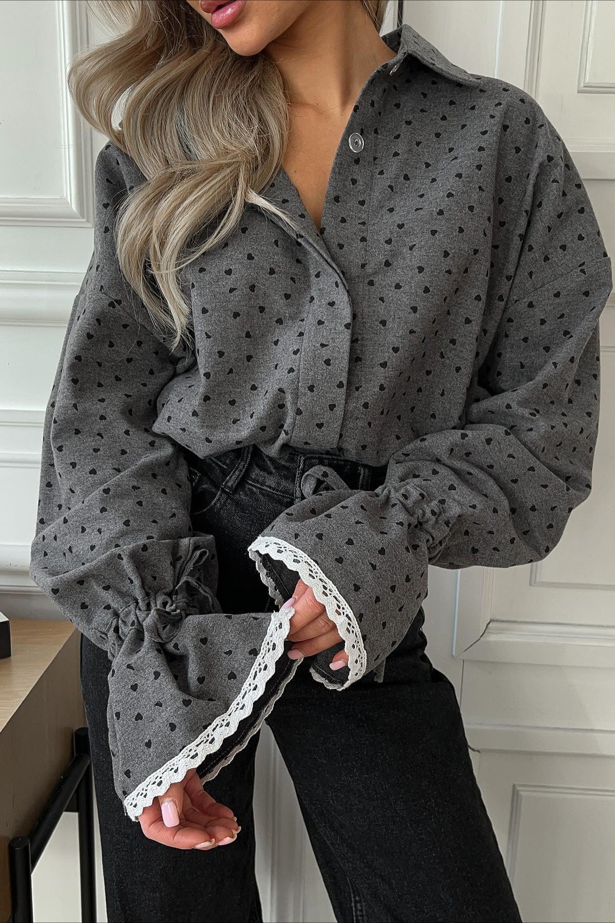 Lace Cuff Polka Dot Collar Blouse image 1