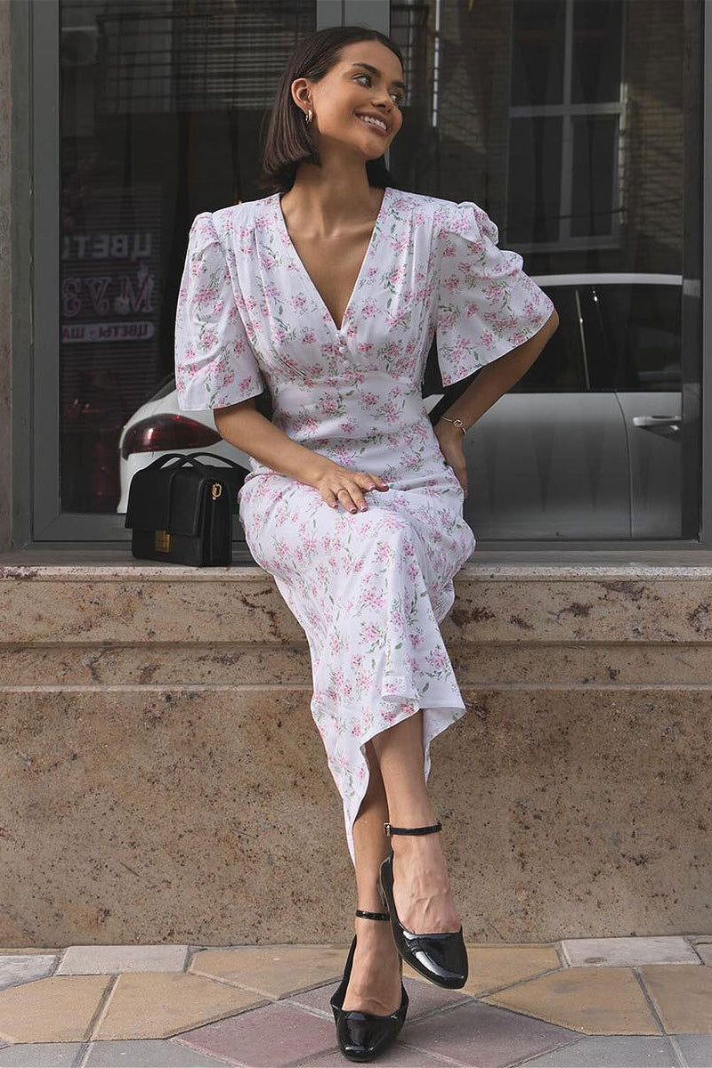 V Neck Fitted Shoulder High Waist Short Sleeve Floral Dress image 4