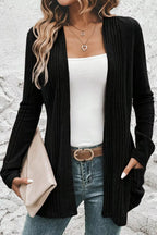 Estelle Pocket Cardigan detail view styled for Avrienne