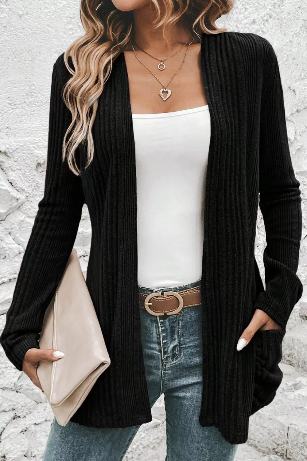 Estelle Pocket Cardigan detail view styled for Avrienne