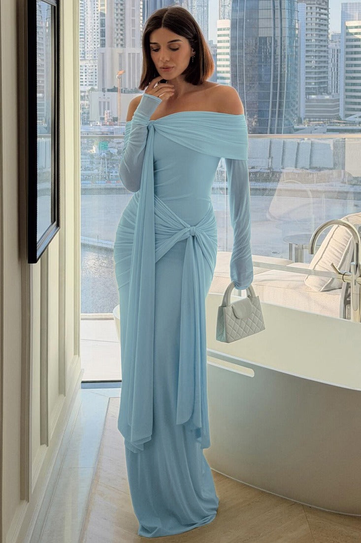 Off Shoulder Long Sleeve Solid Tie Bodycon Maxi Dress image 1