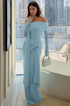 Off Shoulder Long Sleeve Solid Tie Bodycon Maxi Dress image 1