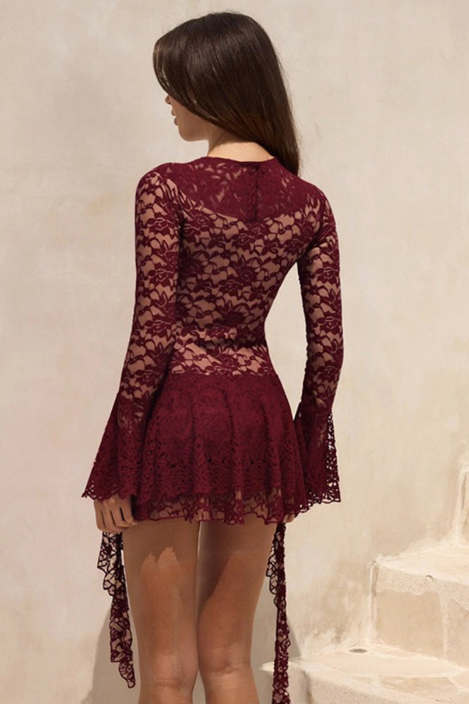Lace Ruffle Tie Long Sleeve Mini Dress image 14