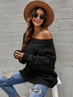 Sabine Off-Shoulder Sweater detail view styled for Avrienne