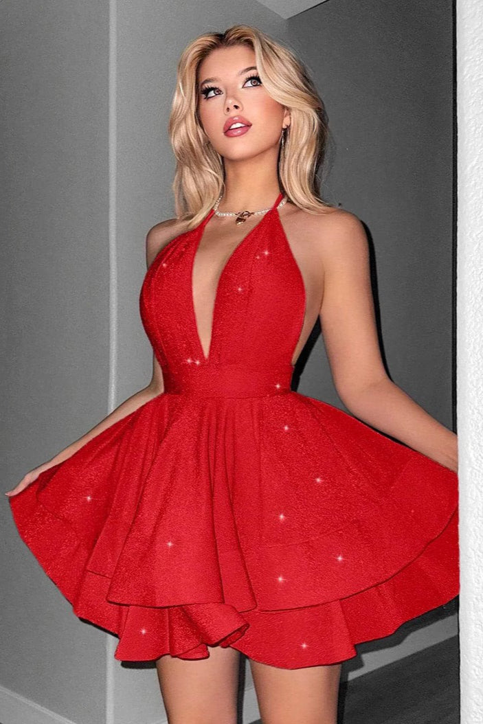 Shiny Deep V Ruffle Flared Mini Dress image 6