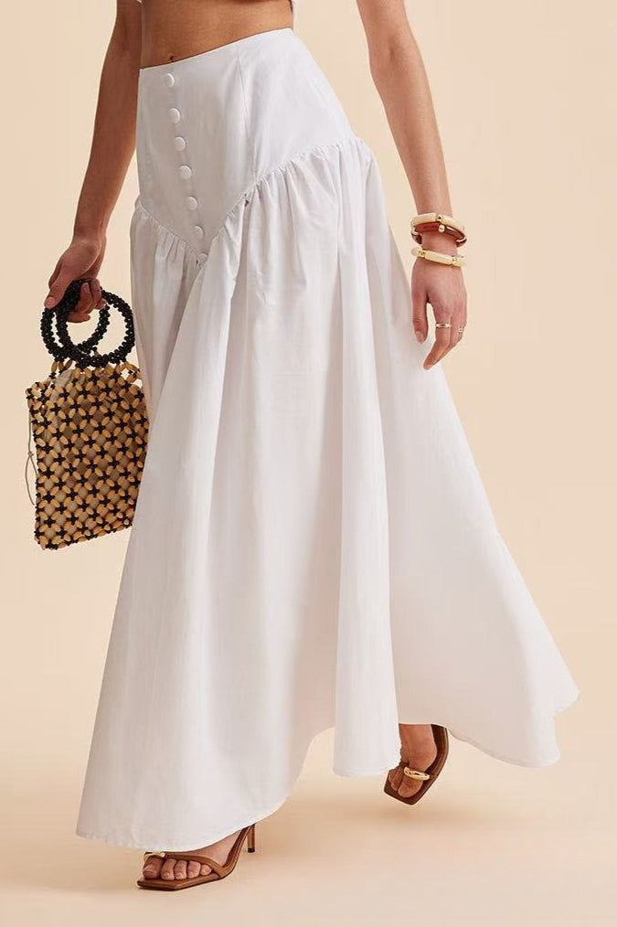 Stylish High Waist Button Patchwork White Maxi Skirt image 2