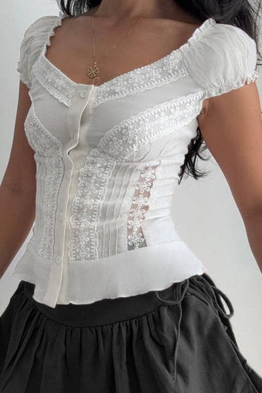 Vintage Lace V Neck Button Puff Sleeve Tank Top image 4