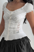 Vintage Lace V Neck Button Puff Sleeve Tank Top image 4