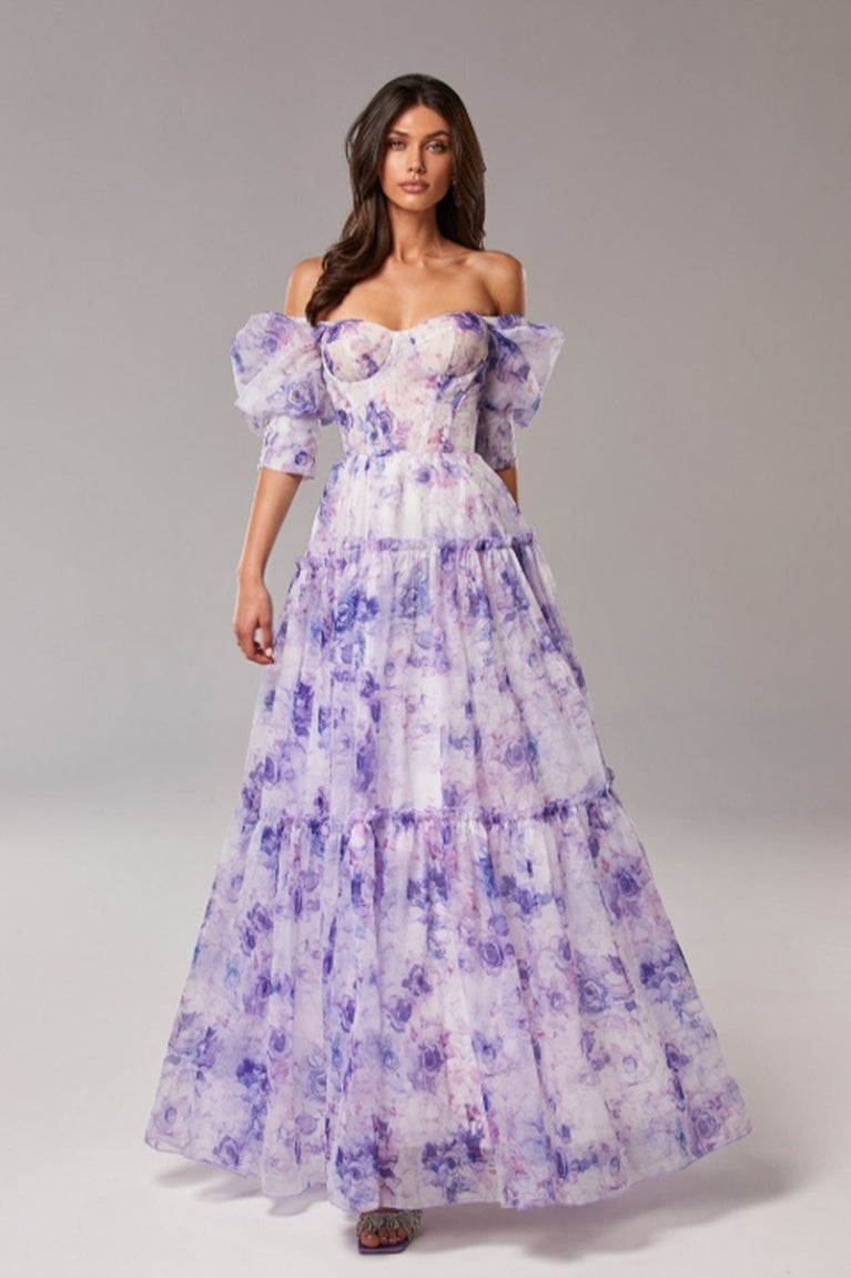 Floral Print Off Shoulder Puff Sleeve Organza Maxi Dress image 6