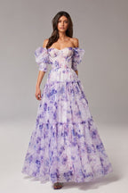 Floral Print Off Shoulder Puff Sleeve Organza Maxi Dress image 6