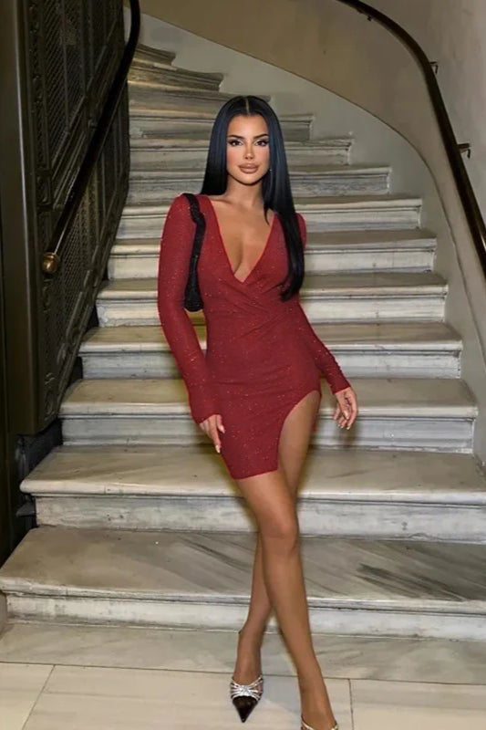 Fall Bodycon V-Neck Sparkling Long Sleeve Party Dress image 4