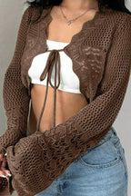 Korejpaa Y2k Clothes Ropa De Mujer Brown Hollowed Out Knitted Cardigan image 4