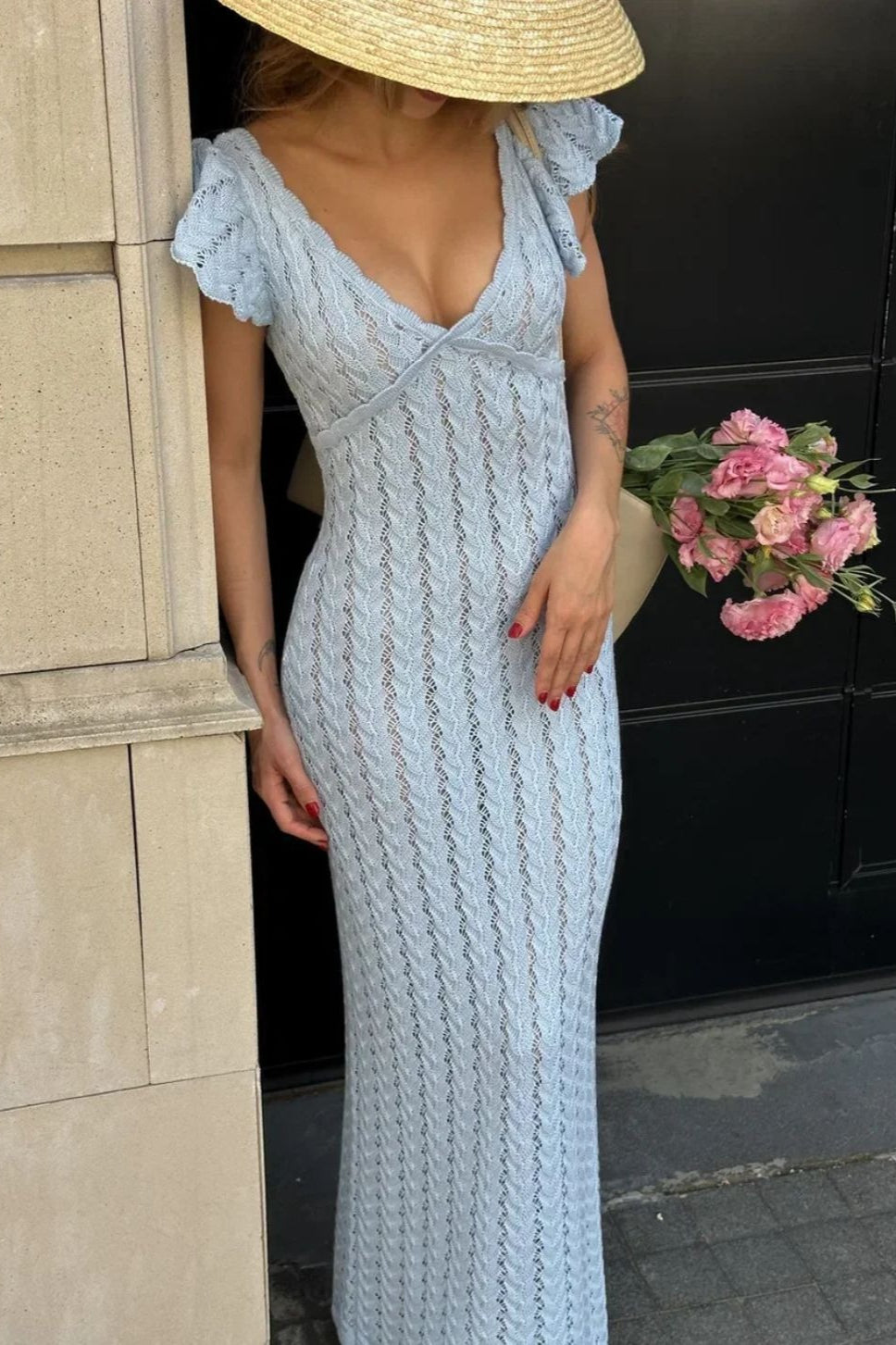 Ruffled Knit Backless V-Neck Boho Dress image 2