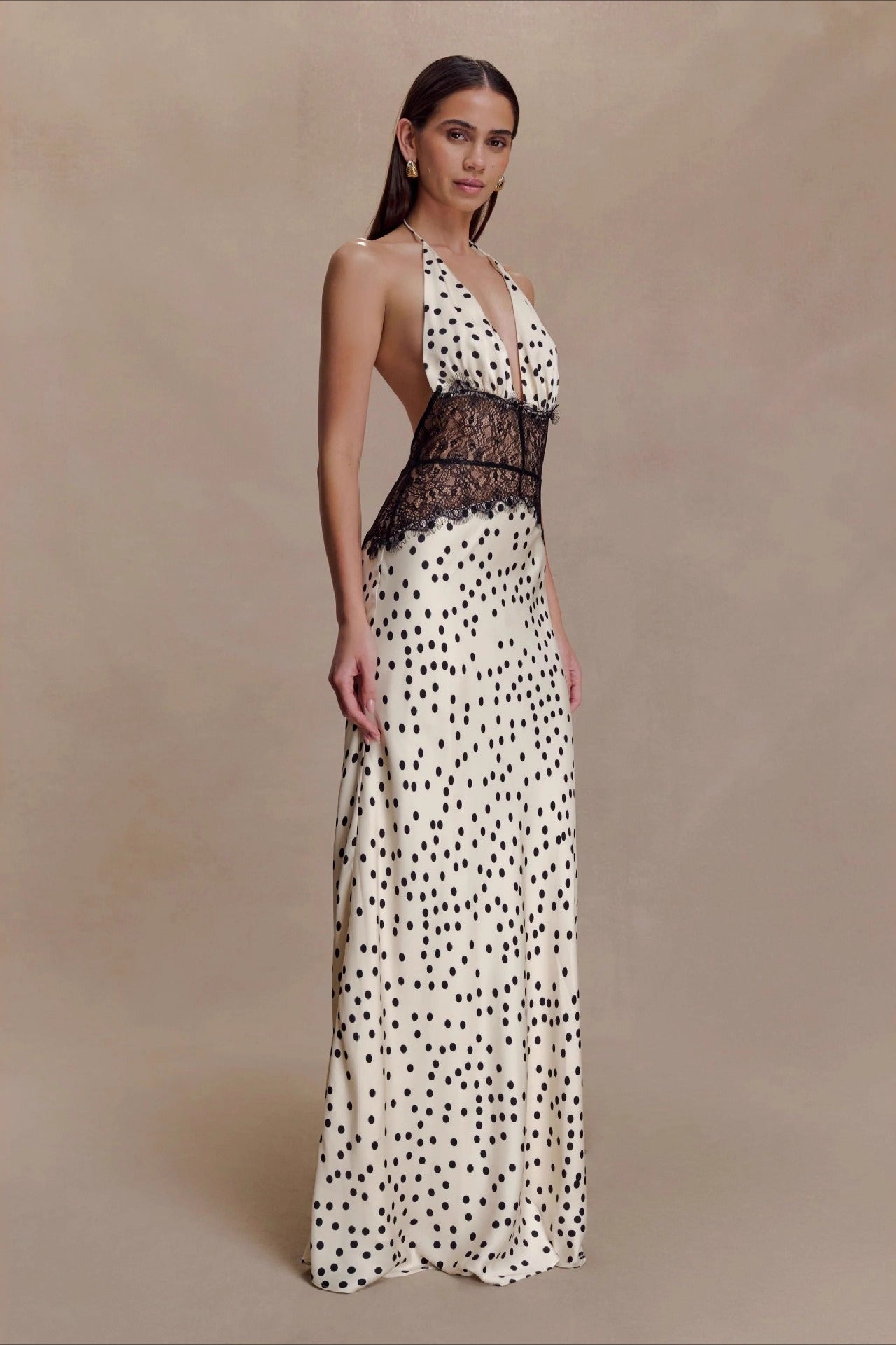 Polka Dot Lace Patchwork Deep V Backless Ruched Elegant Maxi Dress image 3