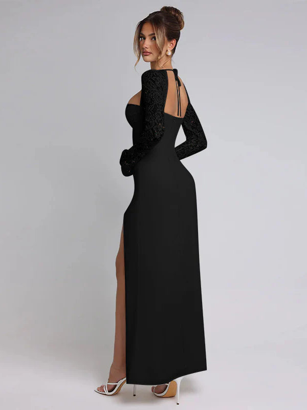 Lace Insert Long Sleeve Split Slim Fit Party Dress image 10