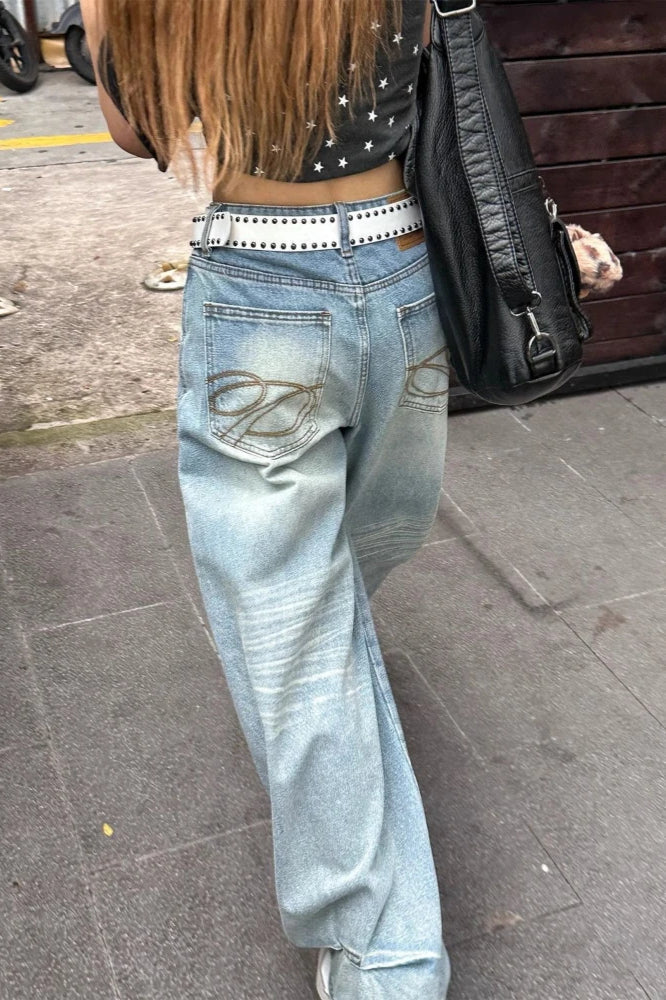 High Waist Embroidered Wide Leg Jeans image 4