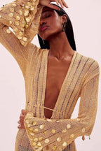 V Neck Belted Sequin Knit Maxi Dress image 3