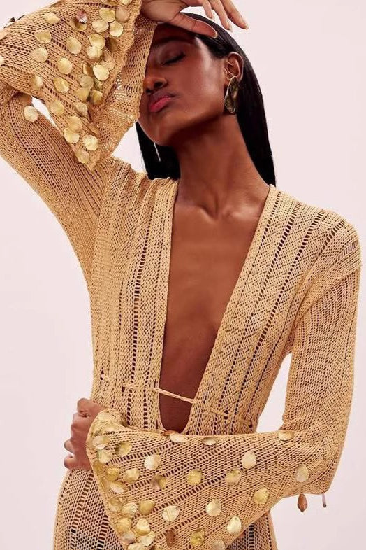 V Neck Belted Sequin Knit Maxi Dress image 3