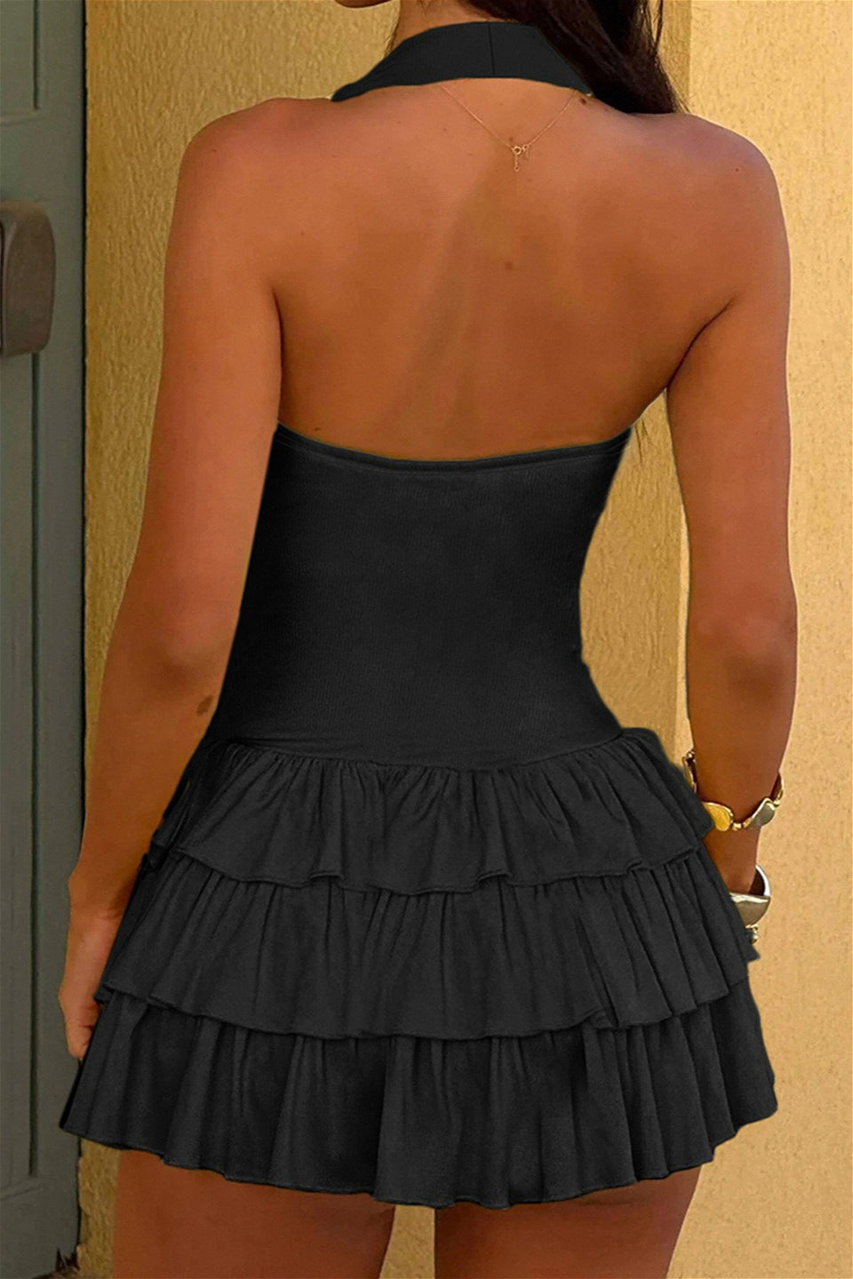 Solid Halter Neck A-Line Mini Dress image 6
